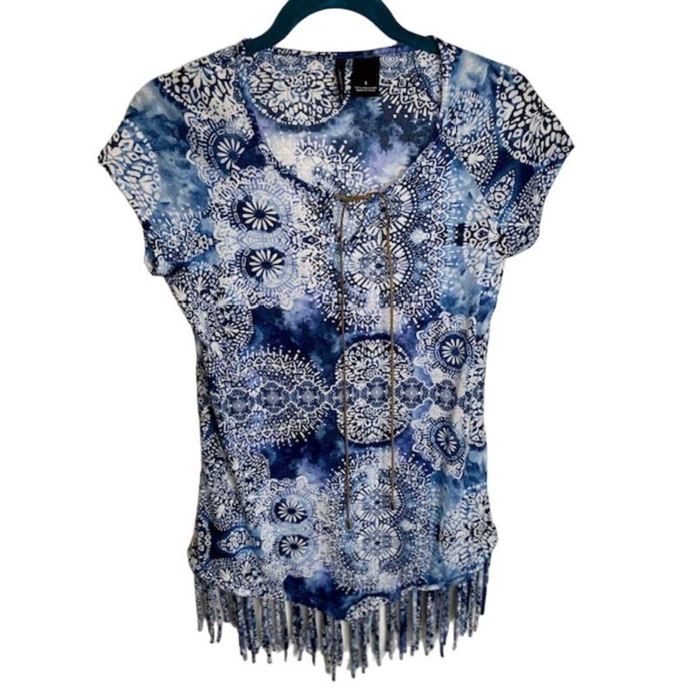 New Directions Blue Boho Print with Fringe Botton Cap Sleeve Sz Small